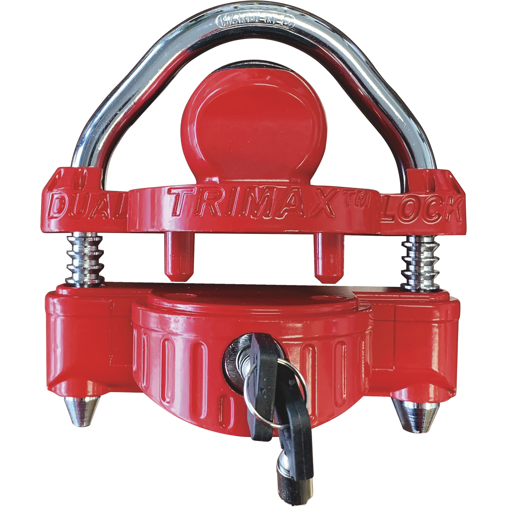 Trimax Universal Narrow Body 1/2in. Steel Shackle Dual Coupler Lock with an Integrated U-Lock Feature, Model# UMAX25D